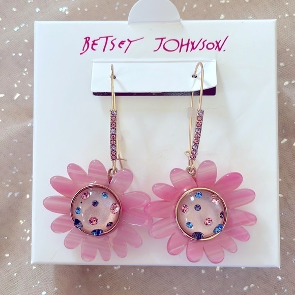 Brand New Betsy Johnson Pink Flower Rhinestone Studded Gold Tone Drop Earrings - Picture 1 of 9